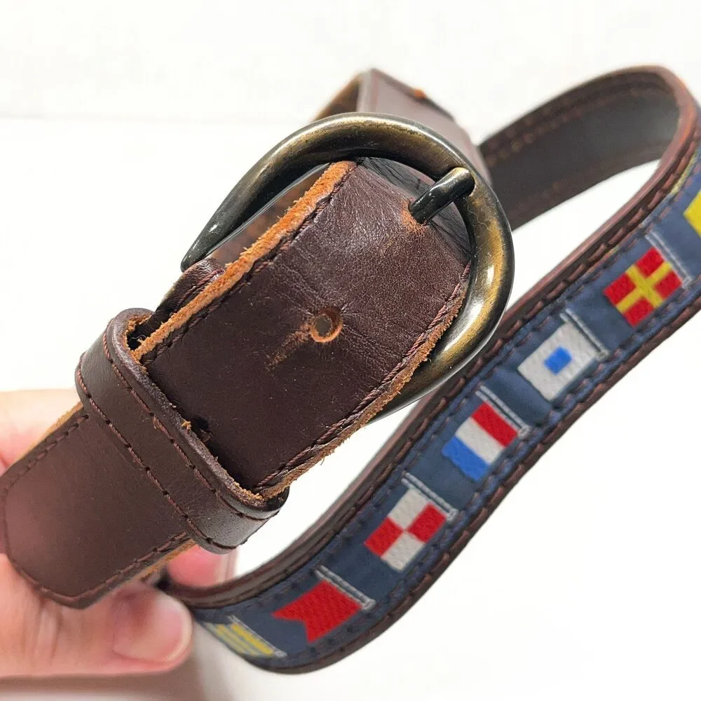 Vtg Pierre Carlini Mens Nautical Flag Blue Ribbon Brown Leather Belt Size 38 M